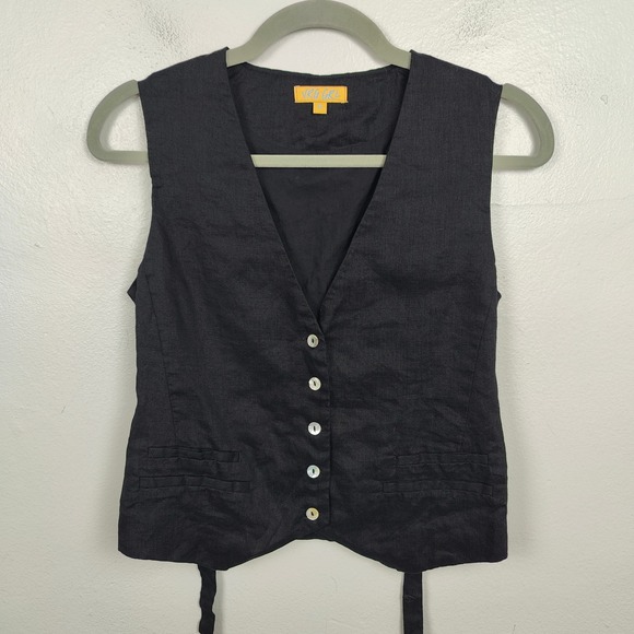 VRG GRL Streets Black Linen Vest Womens 6 Button Front Gilet Preppy‎ Minimalist - Picture 2 of 6